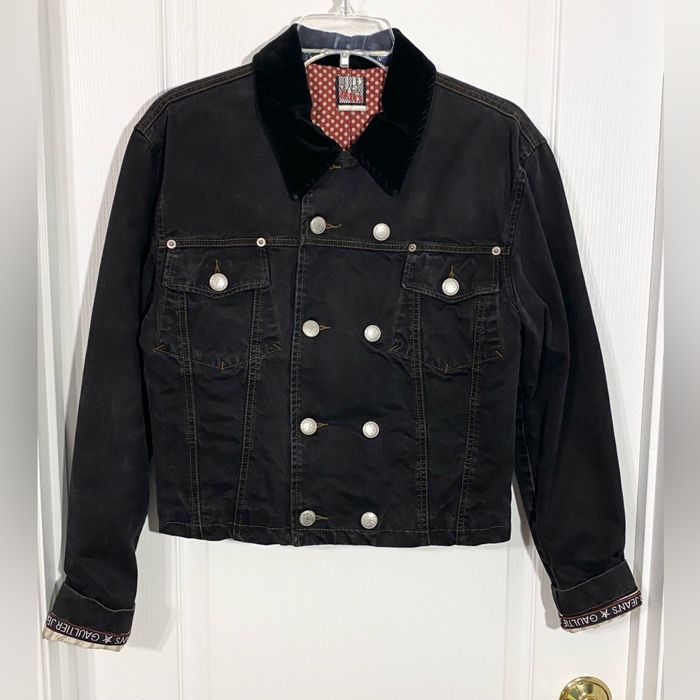90s Jean Paul Gaultier Jeans Velvet Collar Cropped Denim Jacket VTG Black Mens S